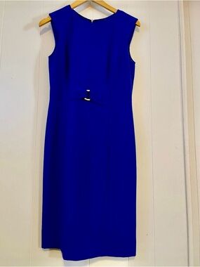 Tahari Royal Blue Sleeveless Midi Sheath Dress with Bow Accent